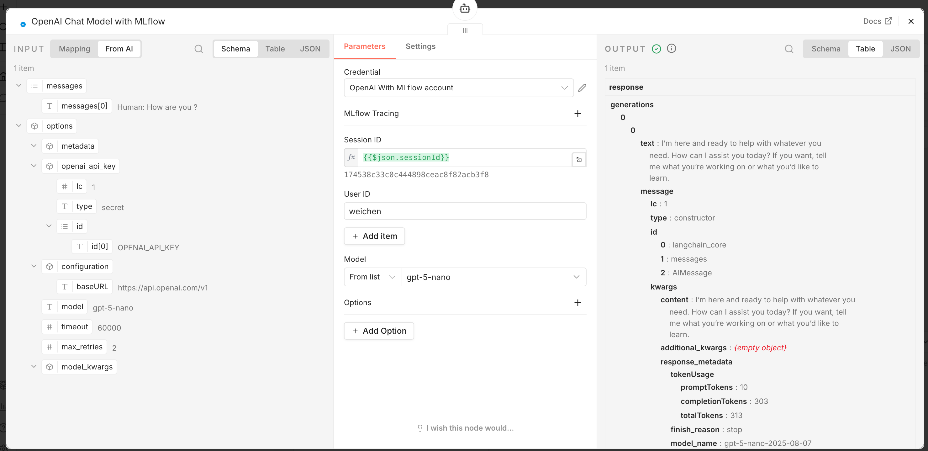 n8n OpenAI MLflow node configuration