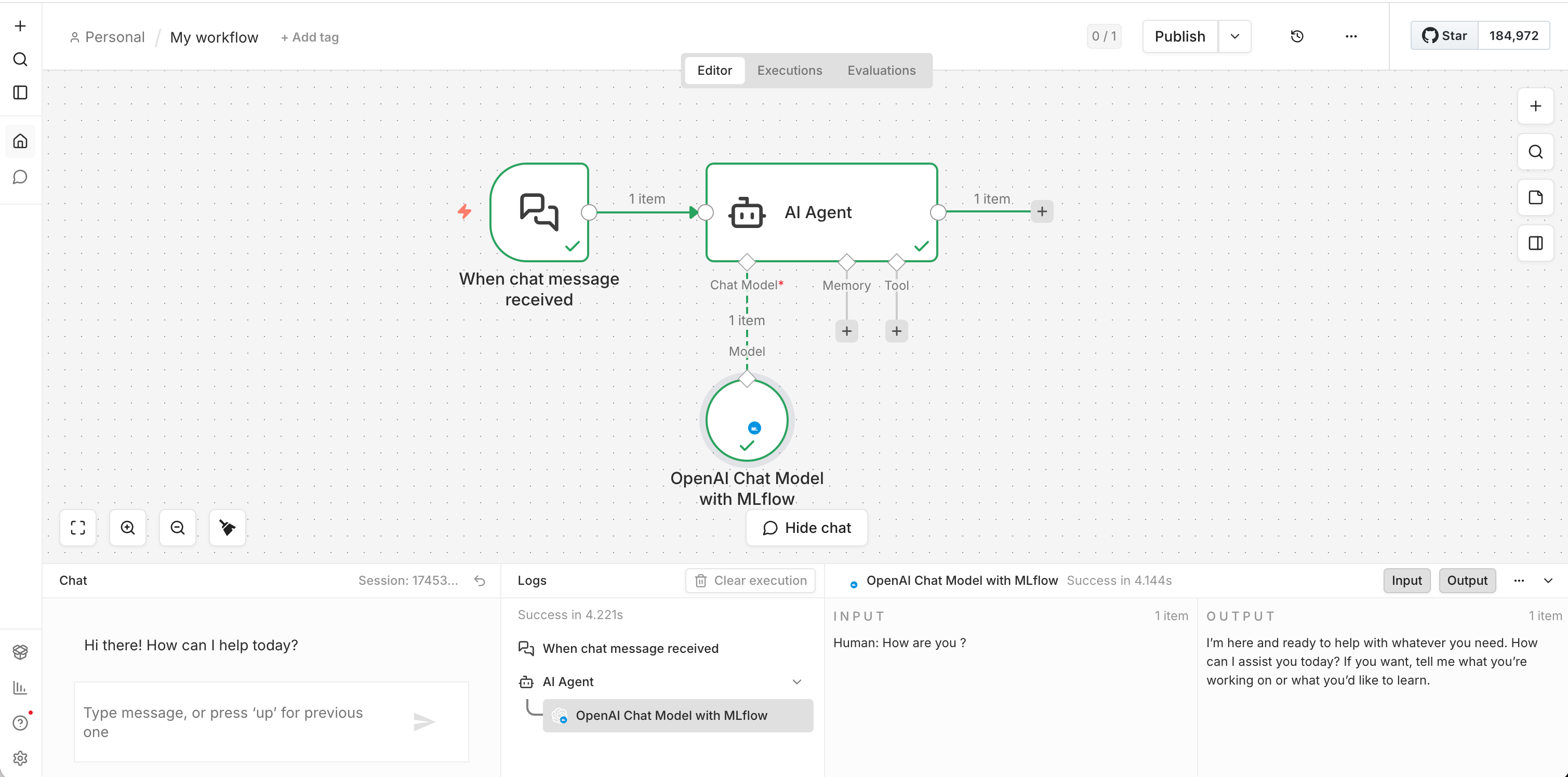 n8n workflow with MLflow tracing node