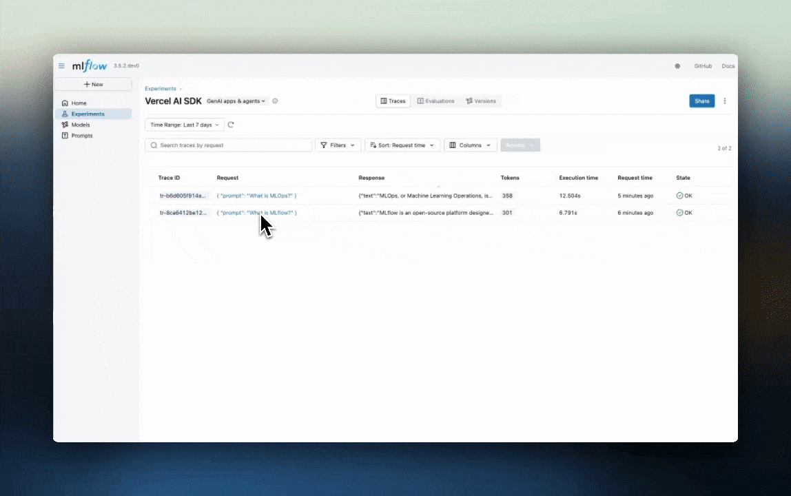 Vercel AI SDK tracing via MLflow