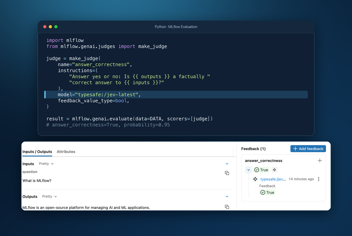 A custom Jev judge using typesafe:/jev-latest, with its answer-correctness assessment displayed in MLflow.
