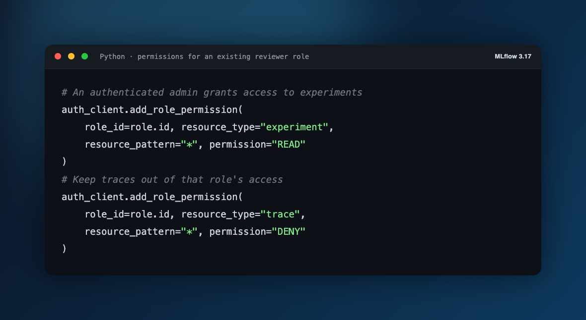 Python permission example allowing an experiment-reader role to read experiments while denying access to traces.